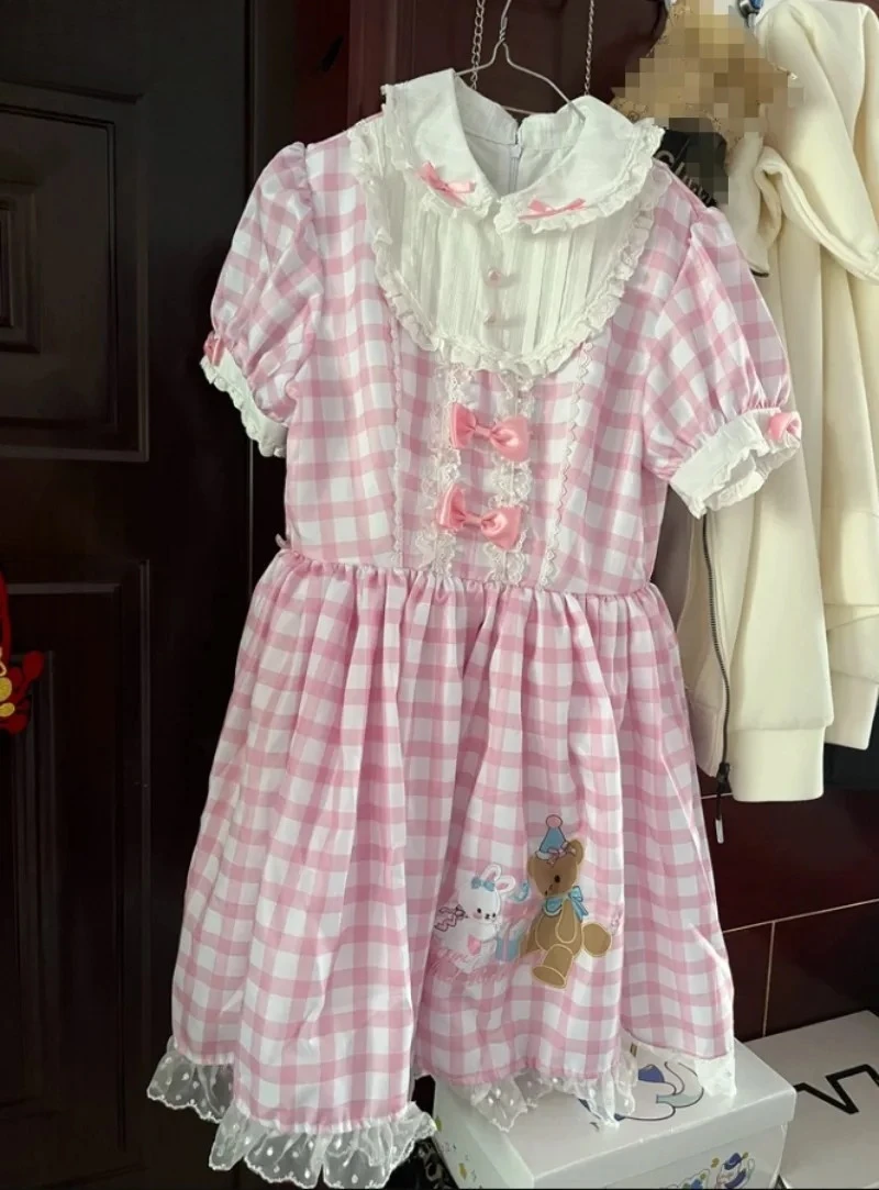 

Japanese Original Lolita Plaid High Waist Short-sleeved Dress Spring Summer New Sweet Cute Foreign Style Daily Bow Dresses