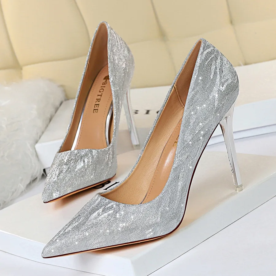 

Luxury New Women's Thin High Heels Shallow Mouth Pointed Shining Sexy Slim Night Club Classic Pumps Single Ladies Wedding Shoese