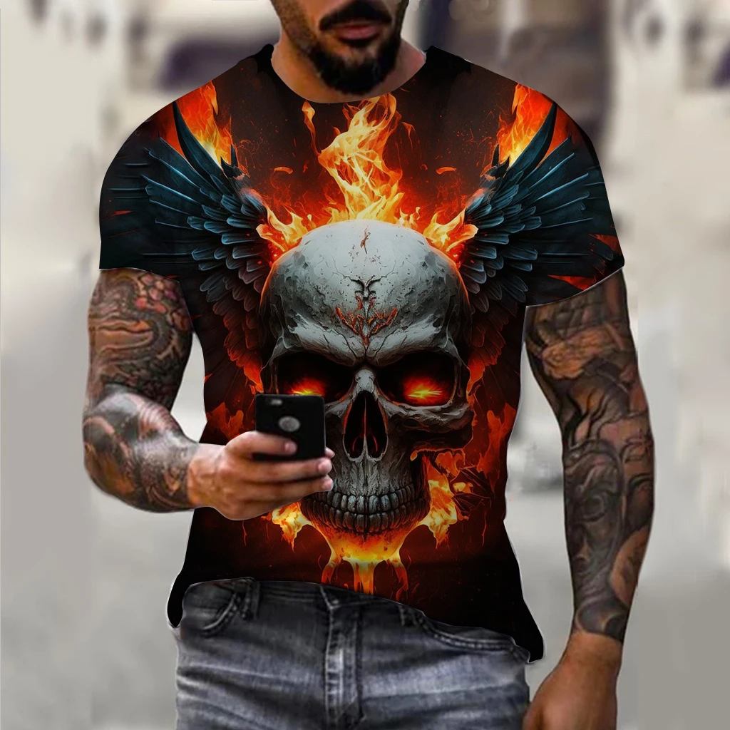 Vintage T Shirts For Men Horror Undead Skull Pattern 3D Printed Short Sleeve Oversized T-shirt Fashion Casual Men\'s Clothing Top