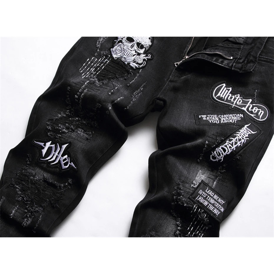 Punk Skull Streetwear Jeans Men Broken Hole Embroidery Letter Ripped Harajuku Hip Hop Denim Pants Fashion Slim Jeans for  Male