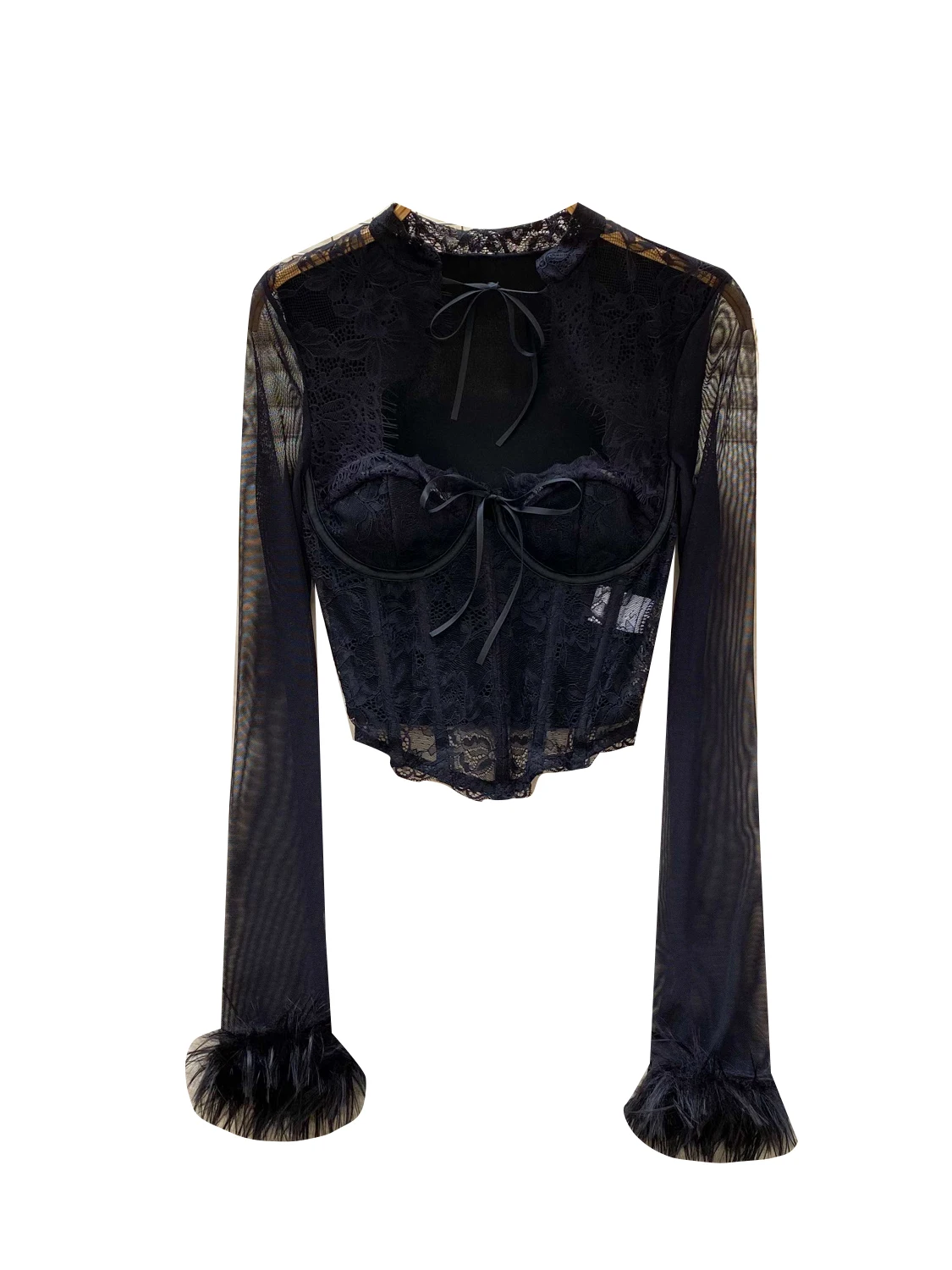 Mulheres preto gótico o-pescoço camisas e blusas vintage y2k 2000s manga longa malha rendas retalhos camisa roupas primavera outono 2025