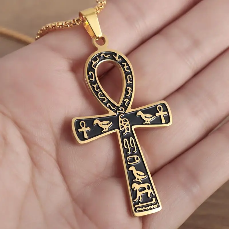 Men\'s Stainless Steel Ankh Necklace Amulet Retro Ancient Egyptian Totem Jewelry High Sense Party Jewelry