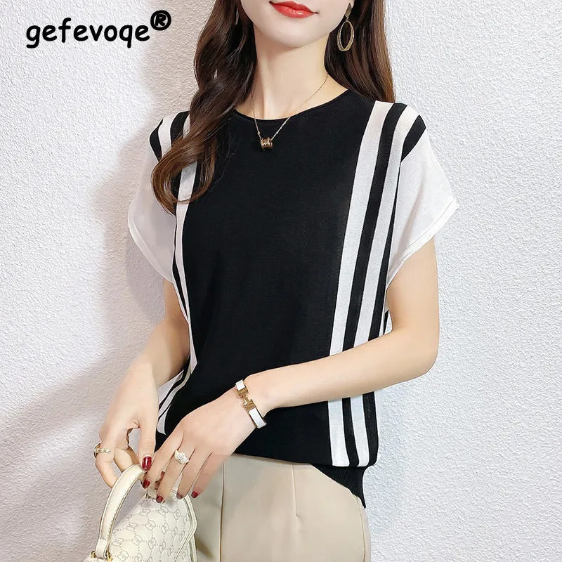 

Ice Silk Knitted Striped Patchwork Elegant Simple O Neck Short Sleeve Basic Tees T-shirt Women Summer Loose Tops Female Clothing