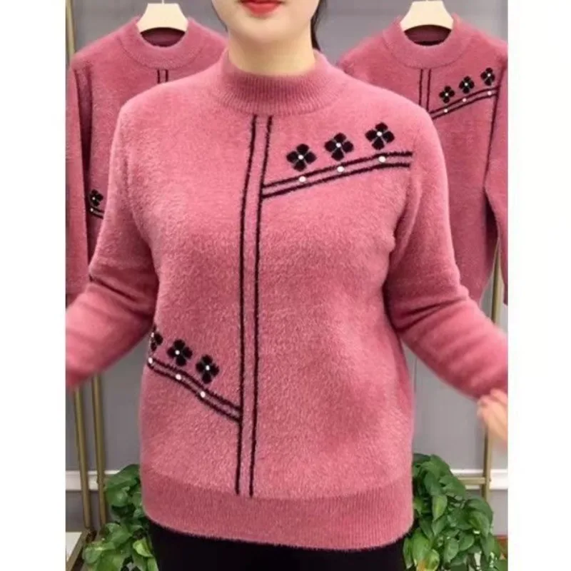 Autumn Winter Women's Solid Round Neck RhinestoneScrew Thread Flower Embroidery Pullover Long Sleeve Sweater Knitted Casual Tops