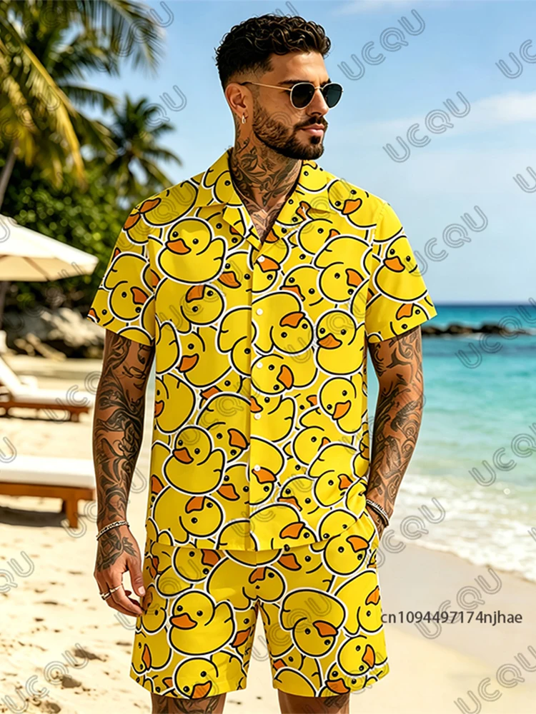 Summer Men's Tracksuit Cartoon Duck Print Lapel Short Sleeve Shirts+Shorts Sets Hawaiian Casual Suit Oversized 2 Piece Clothes
