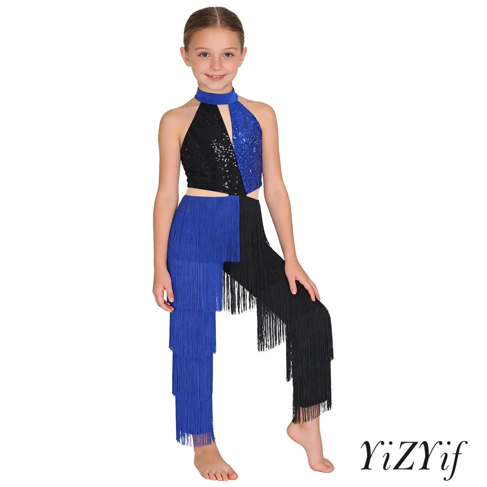 キッズガールズラテンダンスディスコパーティーパフォーマンスコスチュームセット光沢のあるスパンコールタッセルカラーブロックジャンプスーツホルターノースリーブボディスーツ