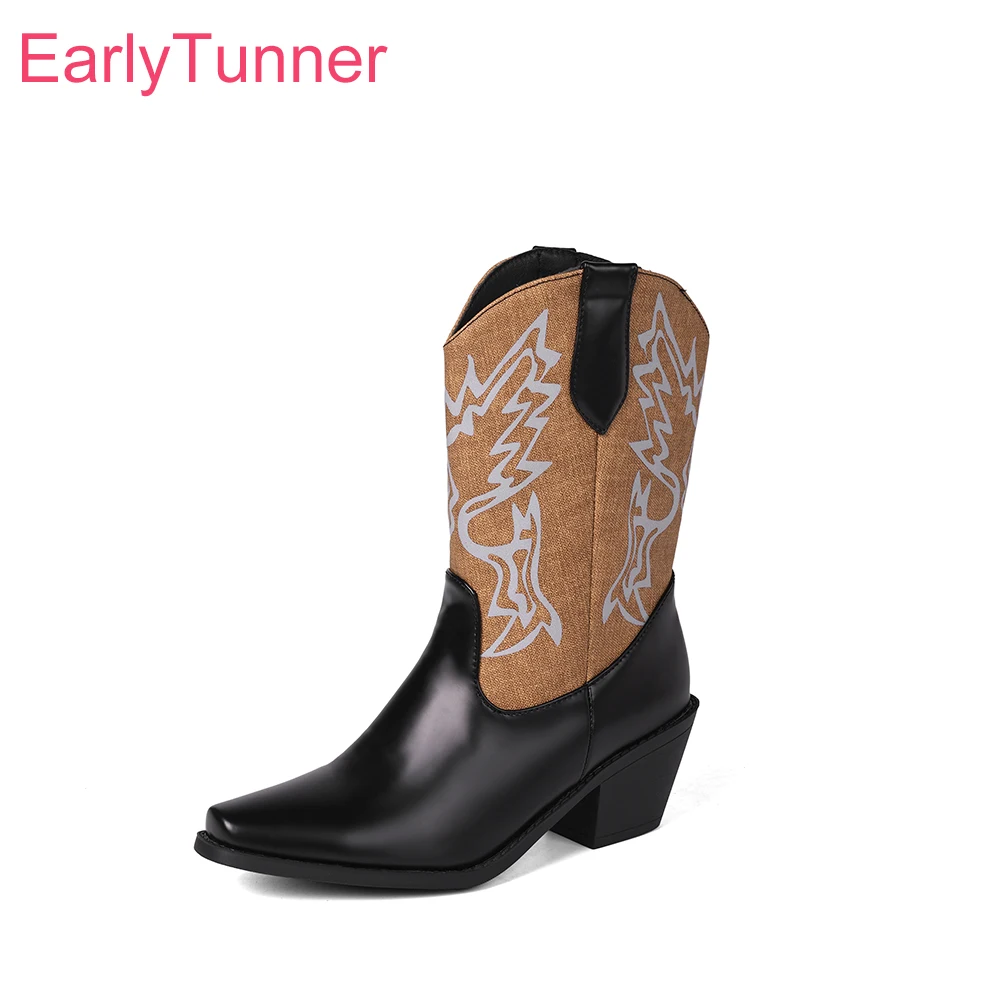 

2025 New Winter Fashion Brown Beige Women Mid Calf Western Boots Sexy Pointed Toe High Heel Lady Shoes Plus Big Size 11 43 46