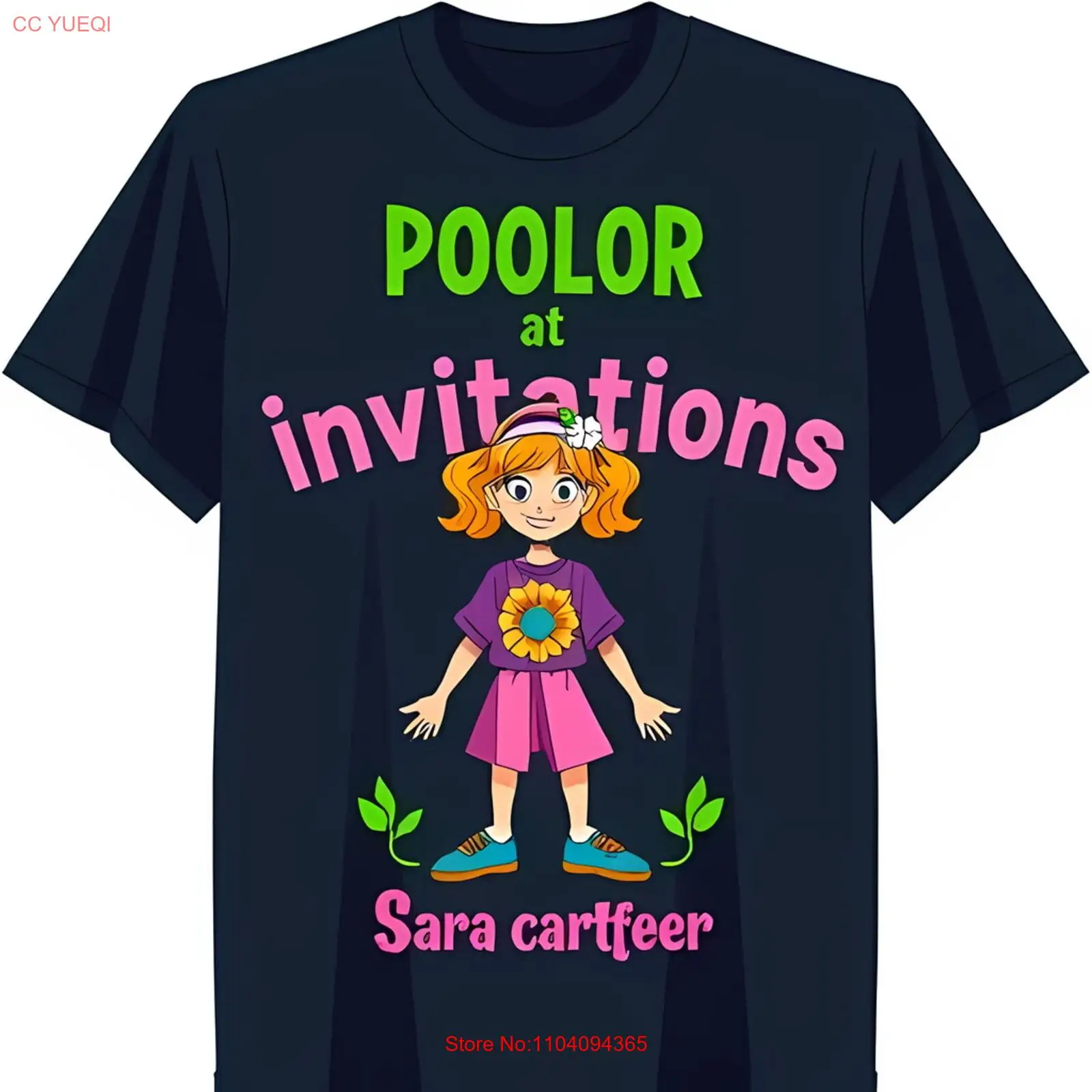 

Stylish Black T-Shirt with Colorful Graphic: Cartoon Girl & Fun Text Design
