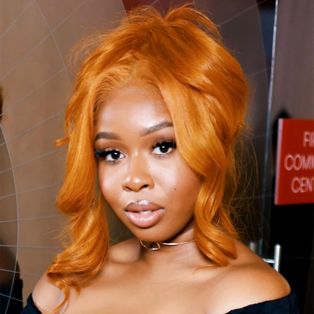 Плотность 400, 36 дюймов, оранжевый, имбирь, объемная волна, бесклеевой парик 13X6HD, прозрачные кружевные фронтальные парики для женщин, бразильский Remy, предварительно сорванные