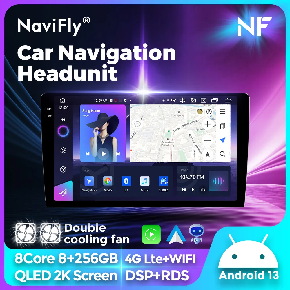 NaviFly for Universal Android 13 Car Radio Auto Stereo QLED screen Car Multimedia video Player Navigation GPS Wireless CarPlay