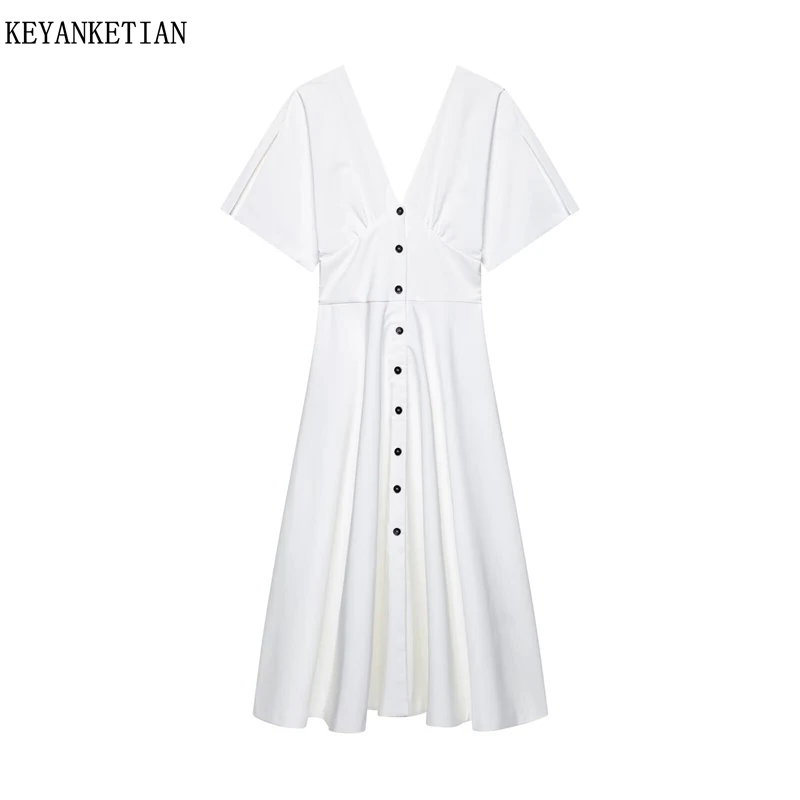

KEYANKETIAN 2025 Summer New Women's Slit Batsleeve MIDI Dress Office Lady Fashion V-Neck Single Breasted Slim Long Dresses