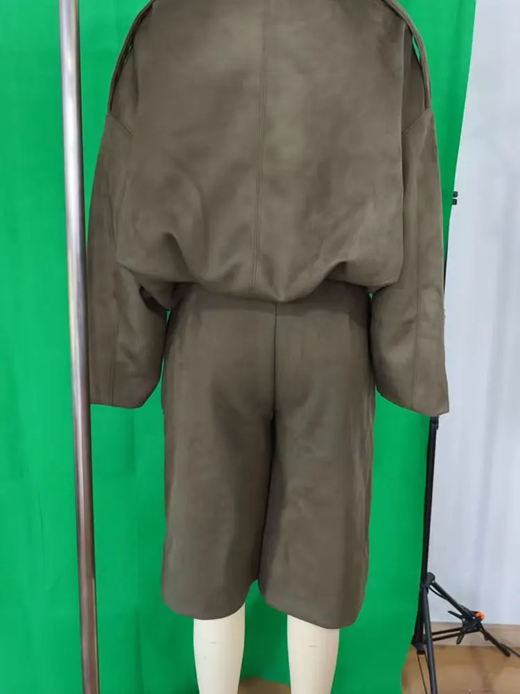 HH أنثى الشارع موضة الجلد المدبوغ الملمس السراويل مجموعات سستة الصلبة التلبيب Bomber سترة + ألف خط مع جيوب السراويل الرجعية دعوى #4