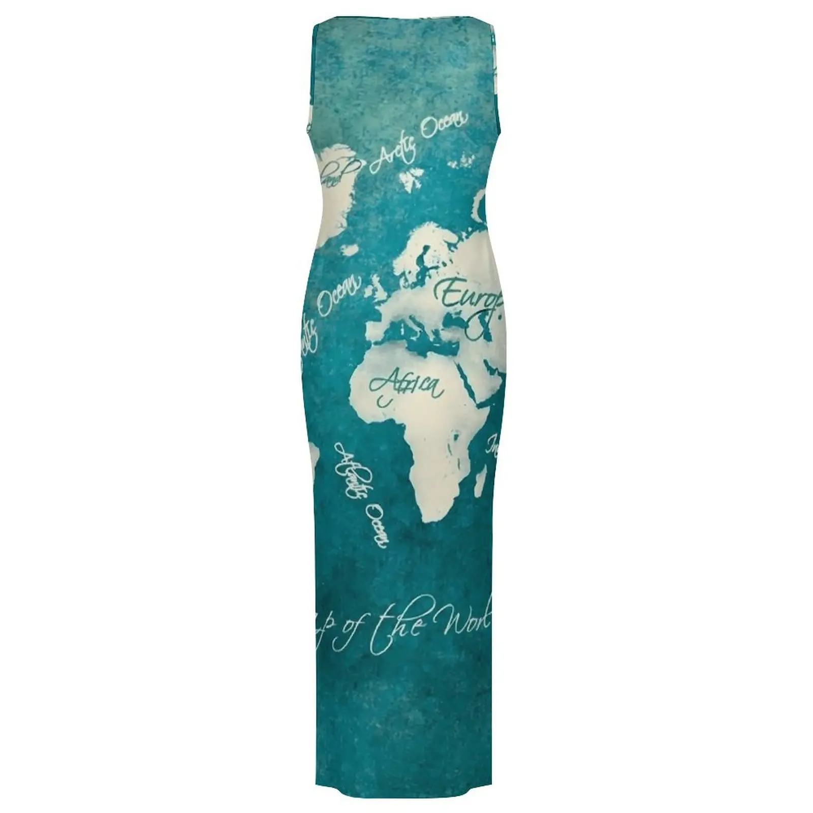 Mappa del mondo 2020 Abito aderente Mappa delle vacanze del mondo Kawaii Maxi abiti da donna Design senza maniche Y2K Abito alla moda di grandi dimensioni