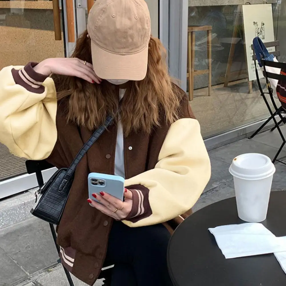 Women Baseball Coat Retro American Style Baseball Coat for Couples with Color Matching Elastic Cuff Hem Stand Collar Unisex