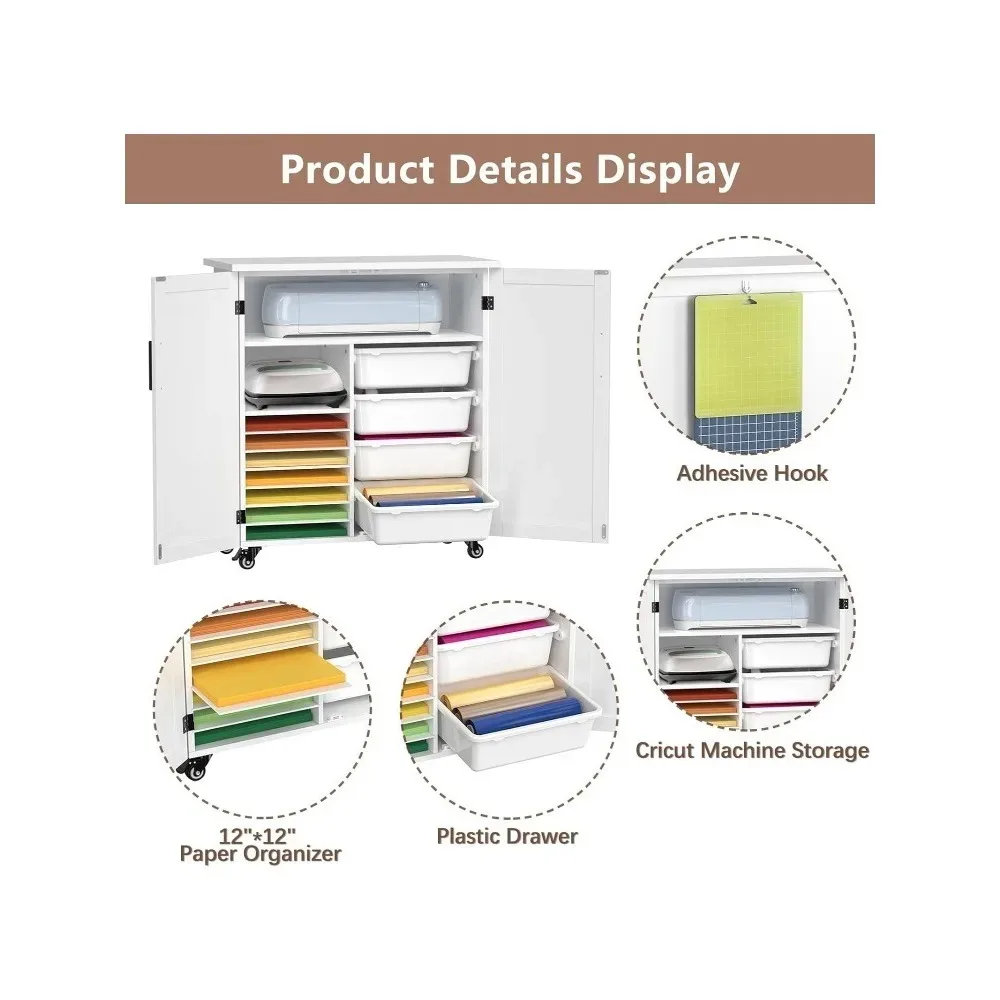 عربة يدوية متوافقة مع خزانة تخزين دوارة لآلة Cricut مع طاولة تنظيم الأدراج، 31.6 بوصة عرض × 15.8 بوصة عمق × 34.9 بوصة ارتفاع