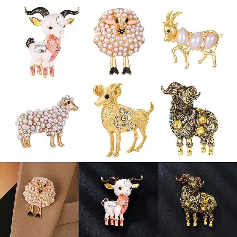 1PCS Elegant Sheep Goat Shaped Brooch Rhinestone Pearls Lapel Pin Animal Brooch Perfect For Daily Wear Party Dresses