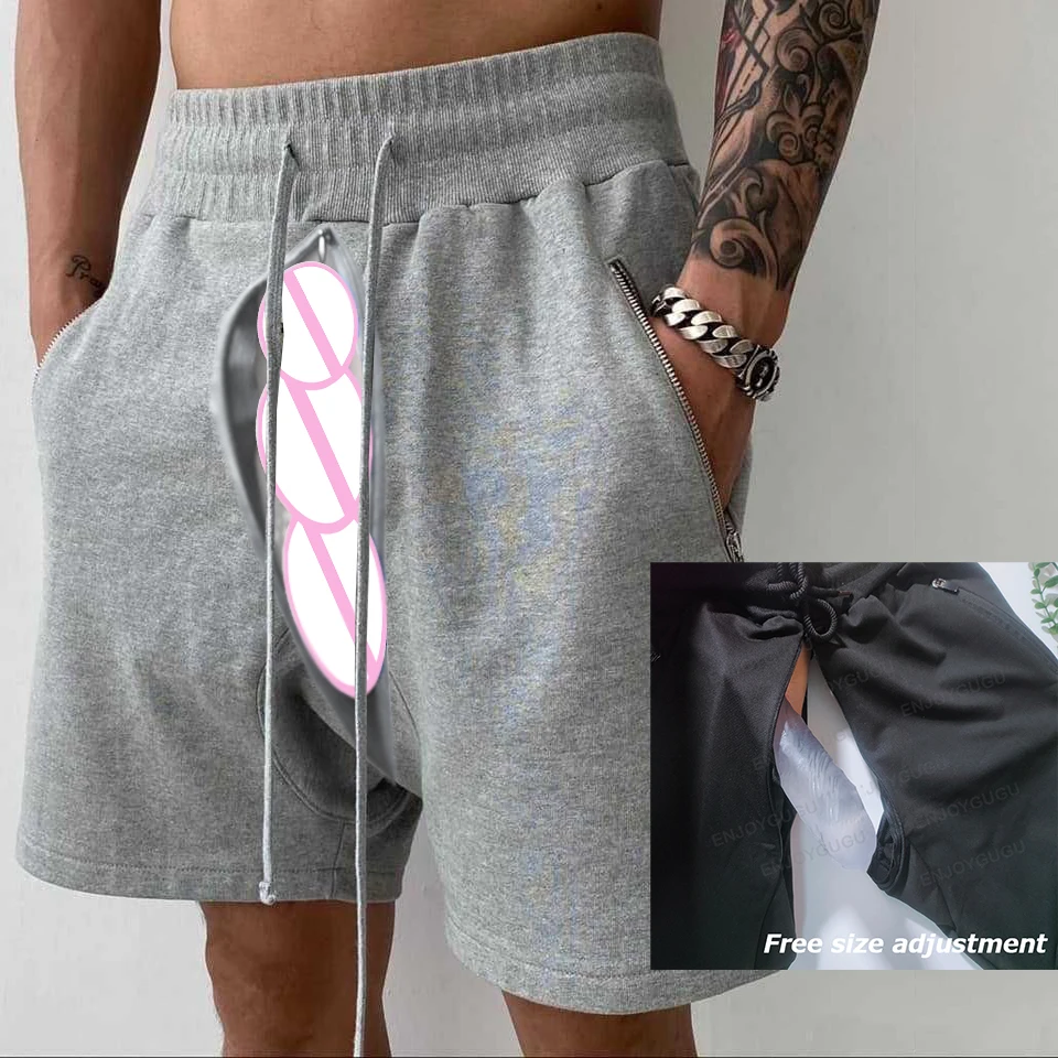 Outdoor Sex Open Crotch Erotic Fitness Summer Shorts Men Baggy Track Pants Cotton Running Sweatpants Jogger Short Zipper Pocket