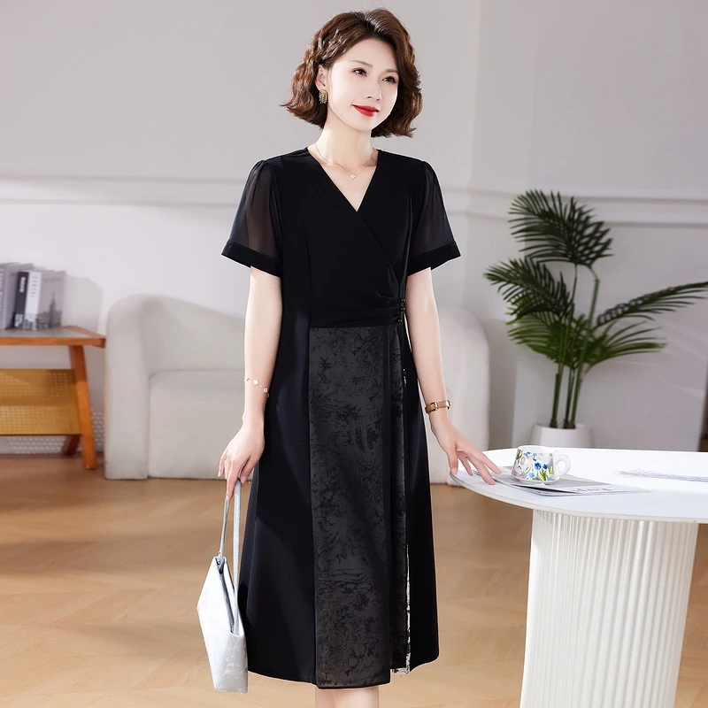 

Модное летнее платье для женщин старшего возраста, шифоновое, средней длины, с V-образным вырезом, свободного кроя, из полиэфирного волокна, тонкое, в корейском стиле