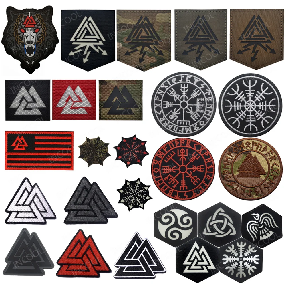 Viking Compass Wolf Embroidered Patches Northern Europe Reflective Tactical Glow In Dark 3D PVC Rubber Shoulder Badges