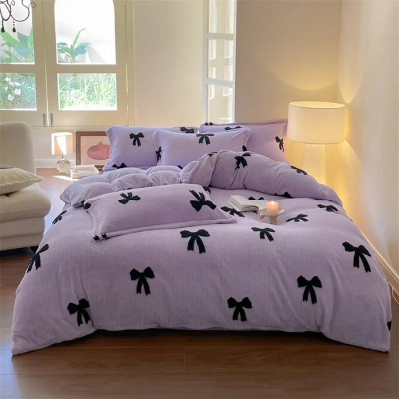 2024 new cationic jacquard milk fleece four-piece set thickened warm coral fleece double-sided fleece bed sheet mattress kit