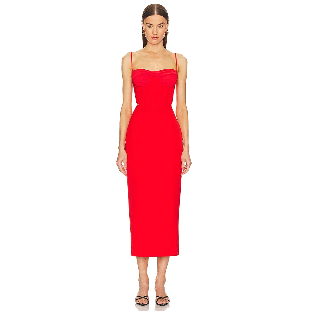 

Simple Bright Orange Dresses Jersey Sheath/Column Beach Dress Pleat Spaghetti strap Cocktail Party Gown Midi