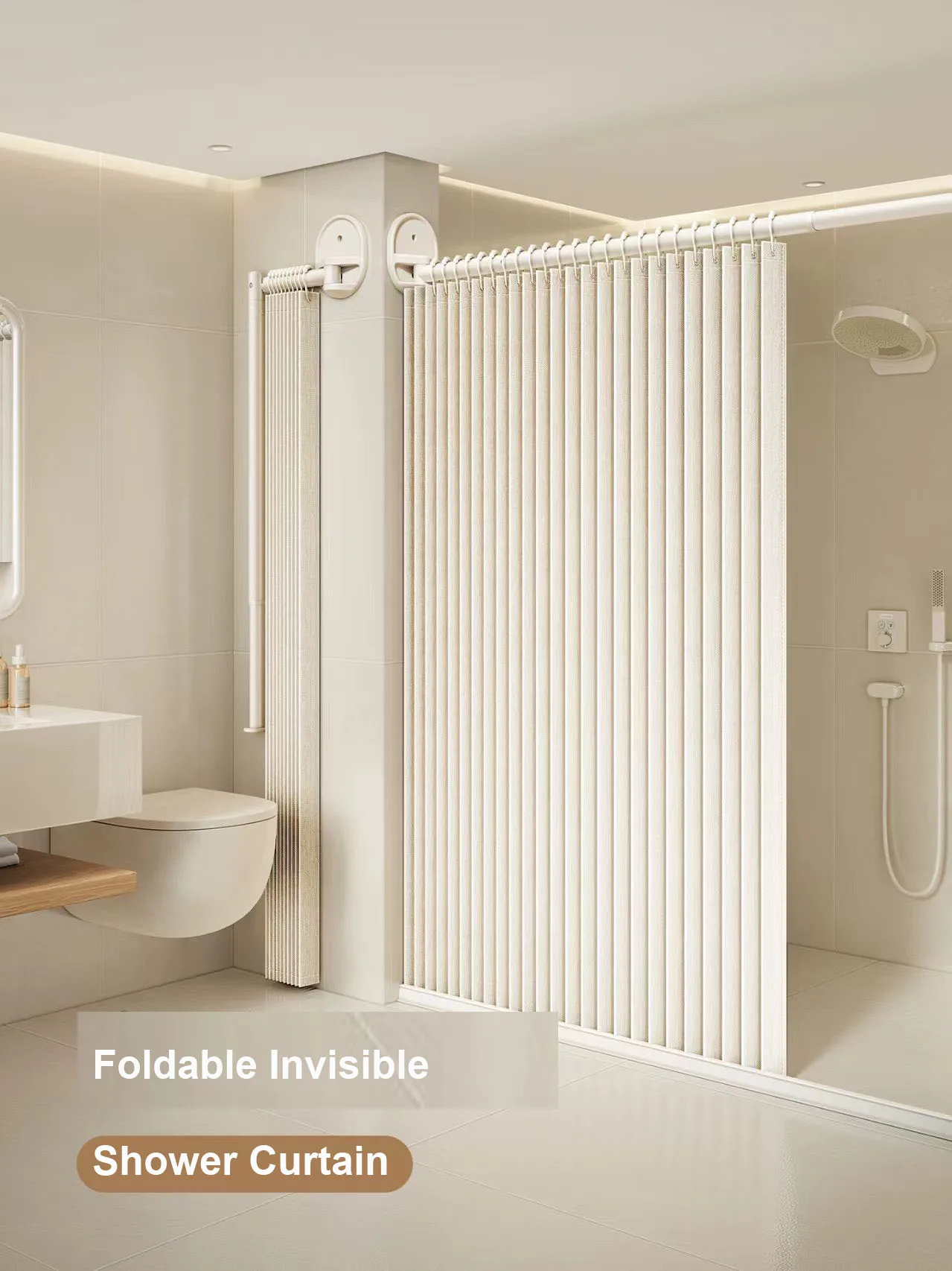 

Milky White Invisible Folding Shower Curtain Rod Wet Dry Separation Partition for Bathroom Decorative Shower Partition Curtain