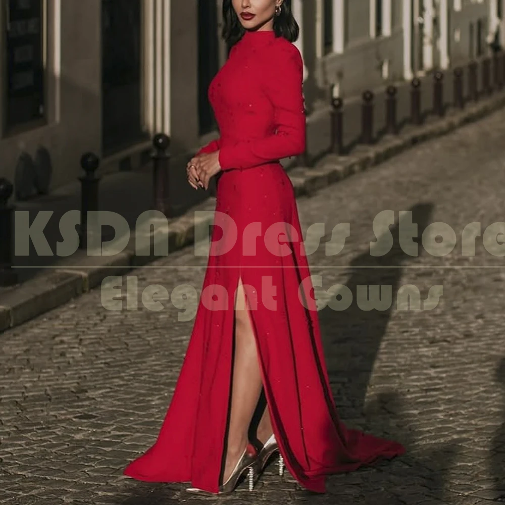 Luksusowe czerwone suknie wieczorowe dostosowane na szyję z długim rękawem rozcięcie suknia boczne rozcięcie tren kaplica kryształowa prosta sukienka gwiazd