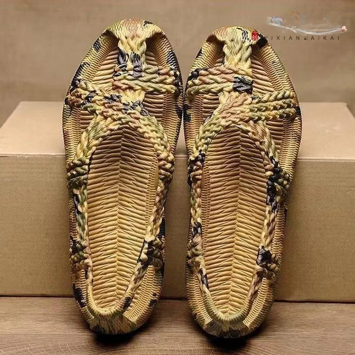 Men's Retro Thick Bottom Sandals Breathable Anti-slip Soft Bottom Beach Shoes Vine Weaving Simulation Wear Resistant Summer S...