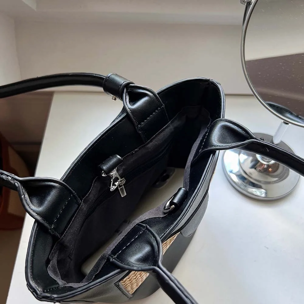 Retro pu tecido balde saco respirável grande capacidade feminina balde bolsa de poliéster anti-respingo água palha bolsa de ombro diariamente