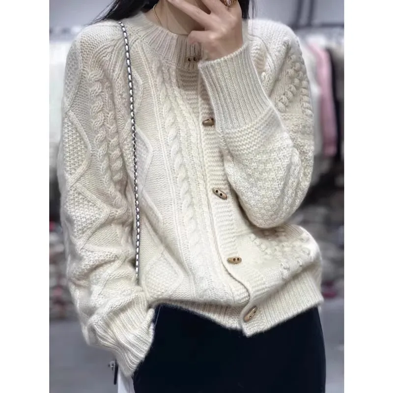 2026 Autumn/Winter New Style 100% Wool Cardigan Women's Loose High-end Twisted Thick Buttoned Wool Coat Cashmere Jacket