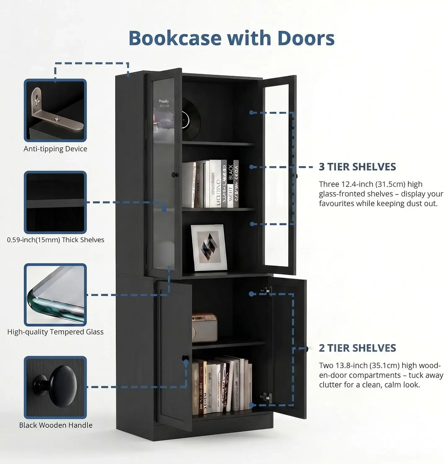 71" H Bookshelf with Storage, 6-Tier Modern Bookshelves with 3 Large Drawer, Display Bookcase with Glass Doors, Modern 5-Tier Cu view 6