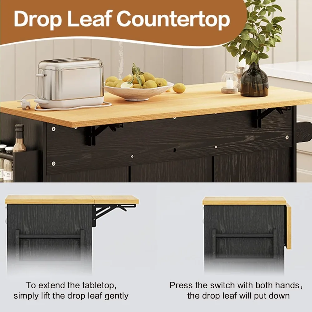 جزيرة المطبخ المتدحرجة مع مساحة تخزين سلة المهملات، عربة جزيرة المطبخ مقاس 48 بوصة مع سطح طاولة على شكل أوراق شجر، وطاولة جزيرة مع درج وها