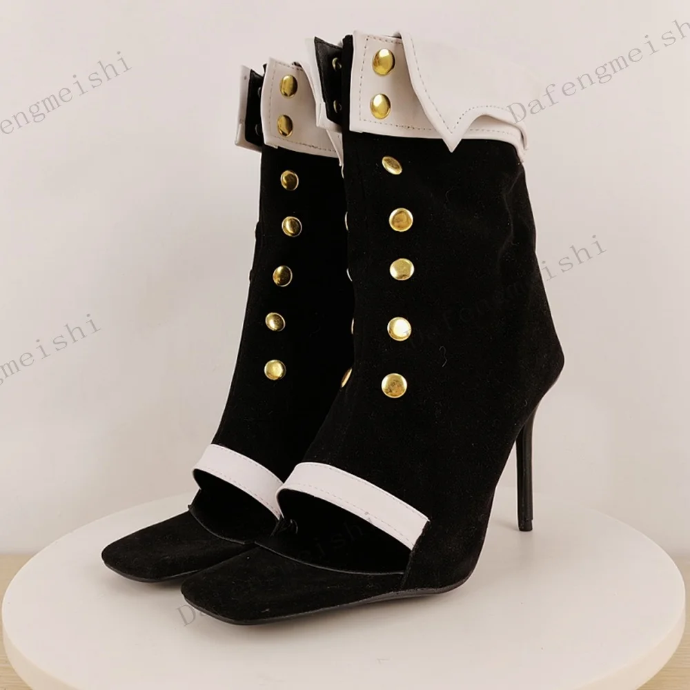 Women Square Toe Open Toe Summer Boots Black White Mixed Color Gold Rivet Decor Thin High Heel Party Cosplay Dress Ankle Boots