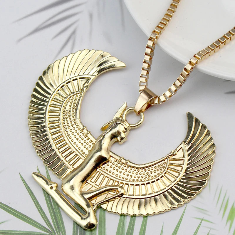 Ancient Egyptian Mythology Goddess Isis Wings Necklace Stainless Steel Pendant Necklace Women Vintage Egypt Gold Color Jewelry