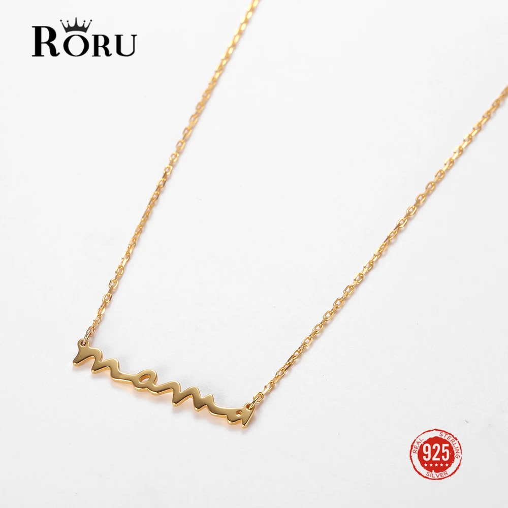 RORU S925 Sterling Silver Letter MOM Pendant Necklace for Mother Simple Smooth Clavicle Chain Necklace Jewelry Mother's Day Gift