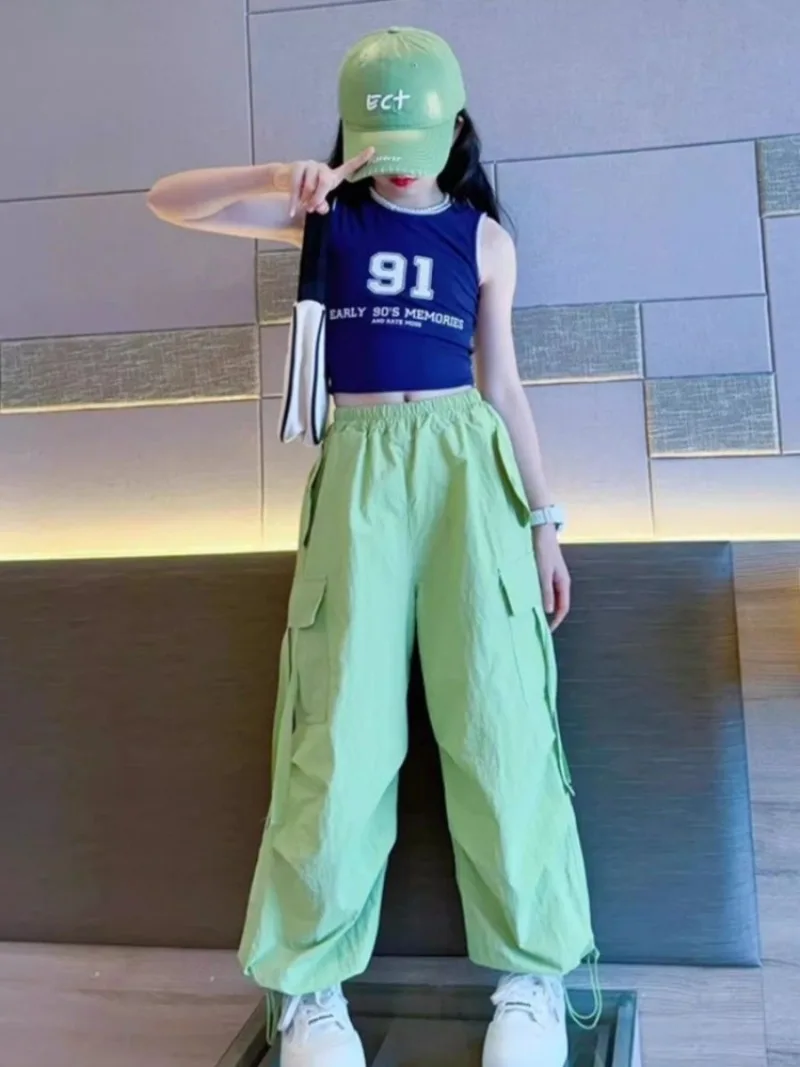 

Детские летние тонкие брюки-карго из ледяного шелка в корейском стиле 2026 года для девочек, широкие штанины ​