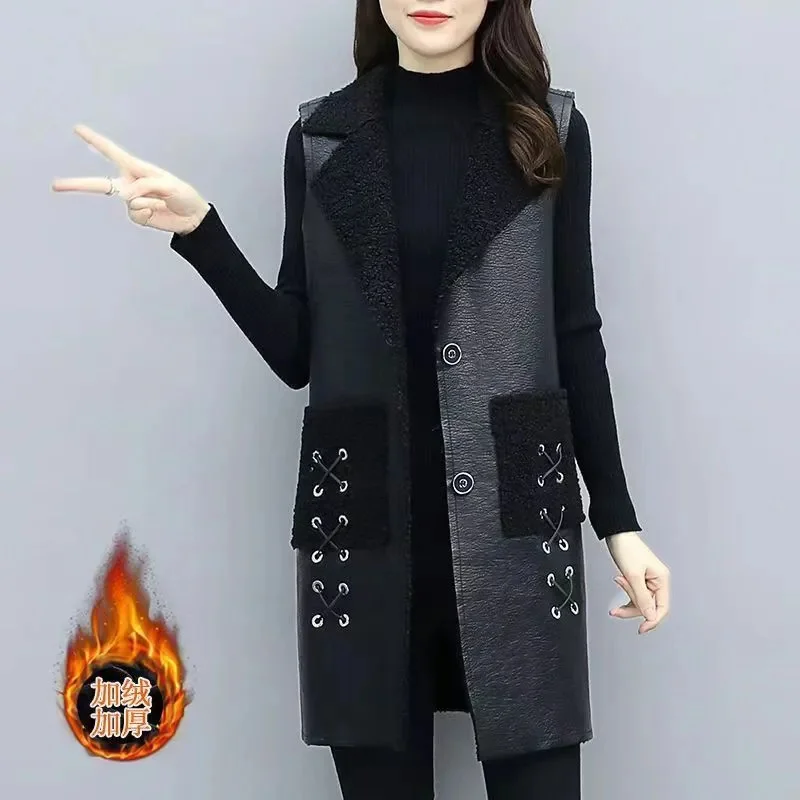 5XL Large Size Vests 2023 Autumn Winter New PU Leather Patchwork Lambwool Sleeveless Jacket Women Korean Slim Female Waistcoat