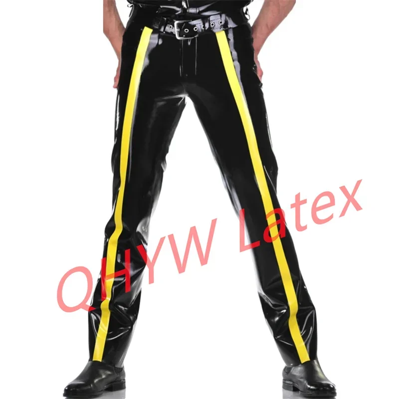 Black and Yellow Stripes At Front Sexy Latex Jeans with Buttons Zippers Rubber Pants Trousers Bottoms