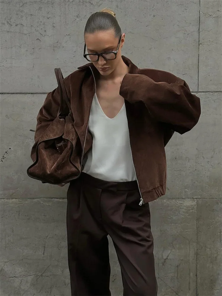 Vintage Zipper Autumn Jackets Female Lapel Loose Fashion Long Sleeve Commute Solid Outwear Women's Patchwork Jackets Coat