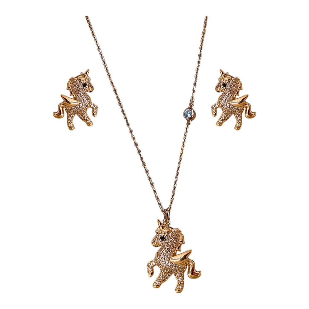 유니콘 목걸이 귀걸이 세트 스터드 쥬얼리 소녀용 금속 쥬얼리 초커 목걸이 구리(목걸이) 귀걸이 미스