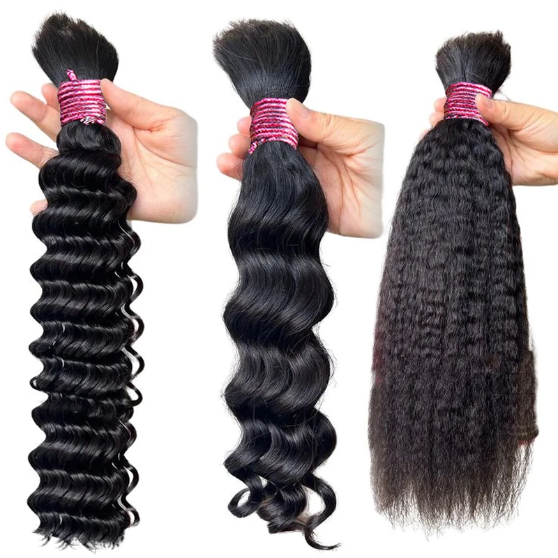 Volume do cabelo humano para trançar, onda de água, nenhuma trama, indiano real, natural, preto, extensões, encaracolado