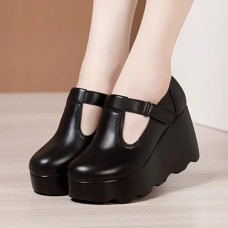 8cm Small Size 32-43 Thick Bottom Shallow Platform Wedges Shoes T Strap Pumps 2024 Fall High Heels Shoes Women Office Mom Dance