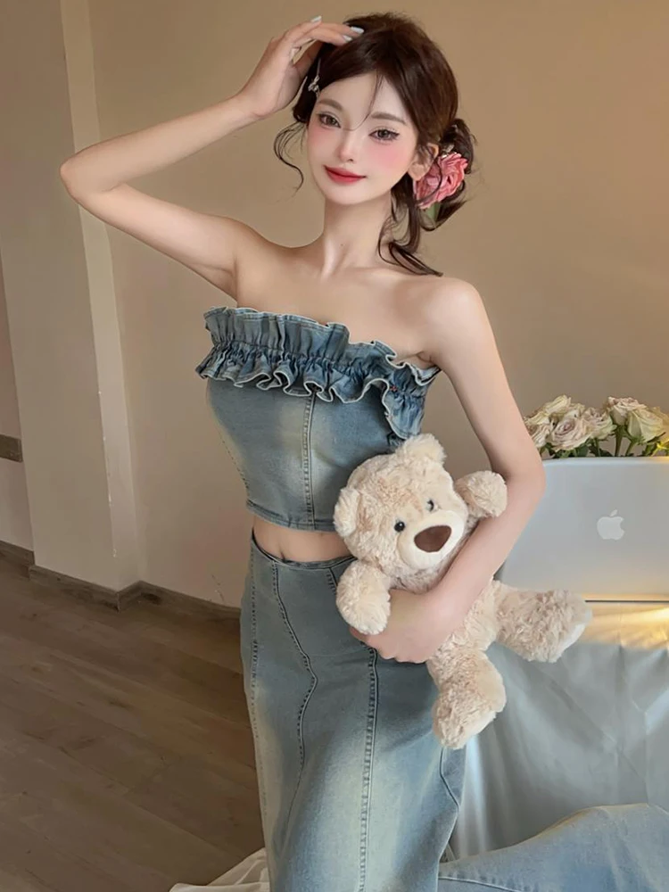 

Women Clothes Y2K Denim Outfit Sexy Chest Wrapped Ruffle Crop Tops Shirt Blouse And High Waist Long Skirt Mujer 2 Pieces Set New