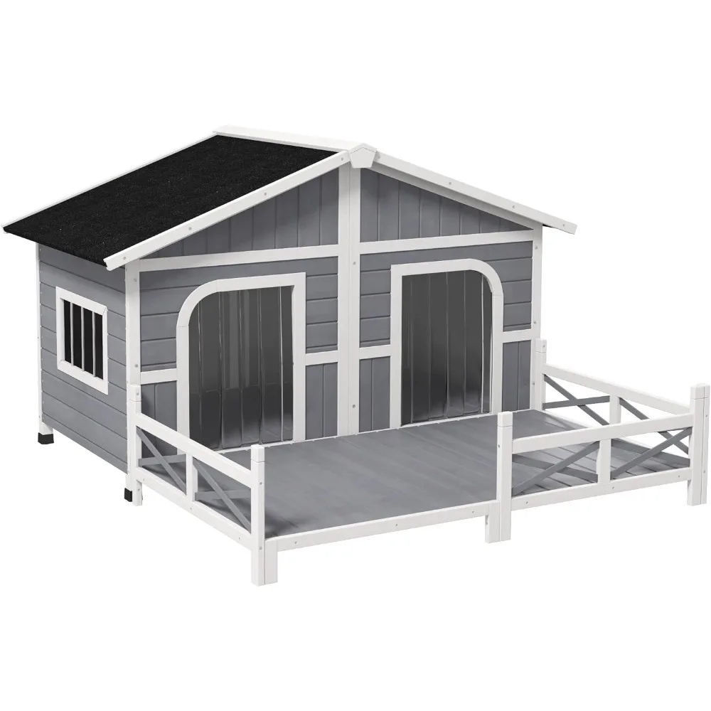 

Dog House Outdoor Double Large Wooden Dog Kennel Weatherproof with Porch, Openable Roof, Removable Bottom, for Small to Medium