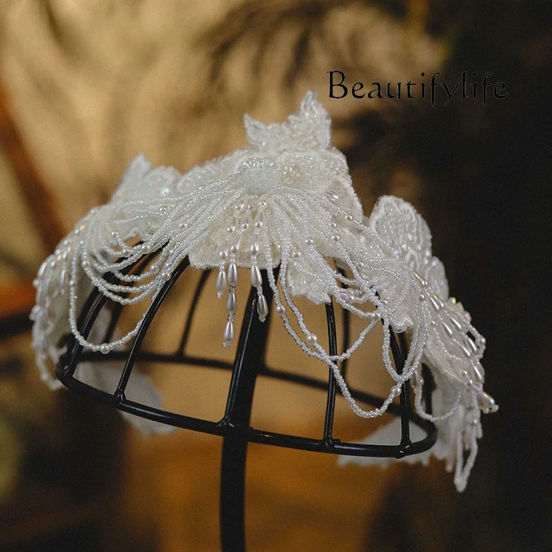 High-end heavy industry handmade white beaded lace petals hair crown headband marriage Mori