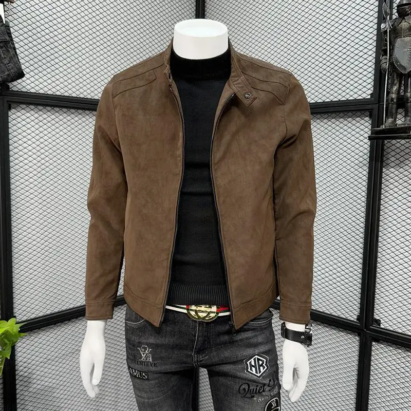 

Chestnut Brown Solid Bomber Jacket for Men - Spring Autumn Stand Collar Chic Streetwear Jacket Slim Fit Casual Short Coat Top