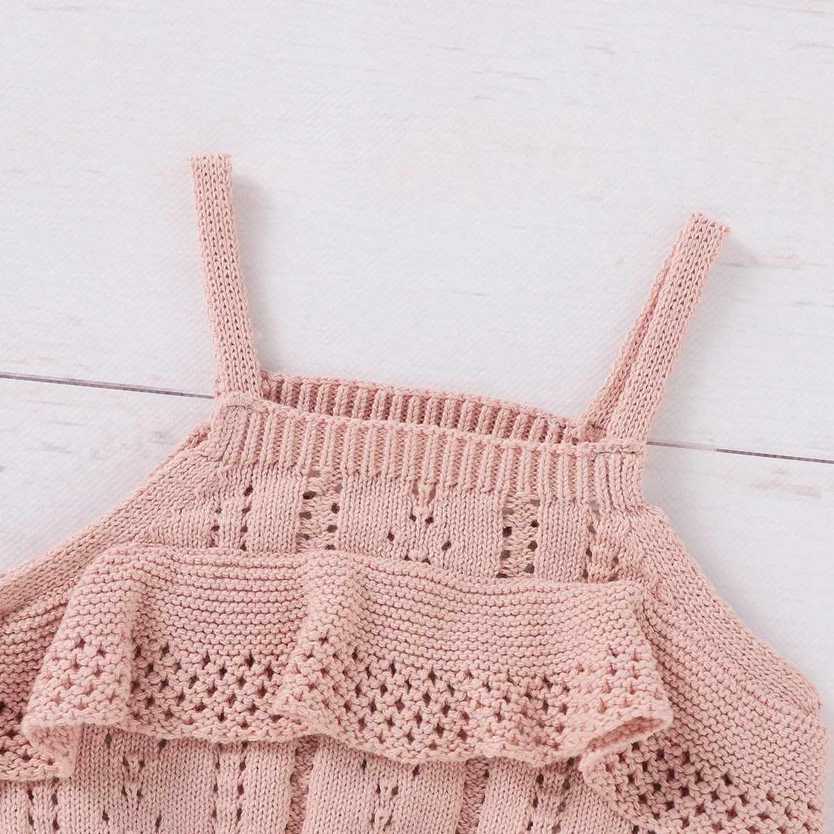 بدلة قفز قصيرة محبوكة بلون سادة للفتيات الصغيرات، بياقة مربعة بدون أكمام وحزام مجوف #4