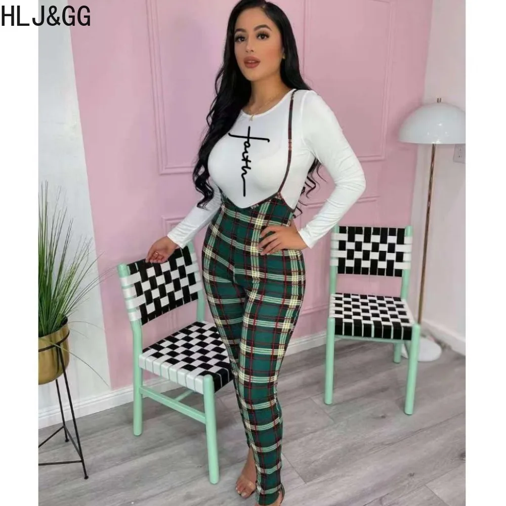 

HLJ&GG Fashion Streetwear Women Print Round Neck Long Sleeve Top+Strap Pants Two Piece Sets Casual Female Matching 2pcs Outfits