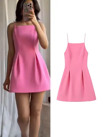 TFMLN Elegant Ladies Pink Spaghetti Strap Dress 2025 Summer New Simple Style Women Slim Short Dress Party Fashion A-Line Dress