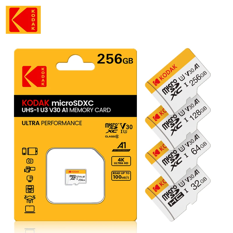 Original KODAK Memory Card 64GB 128GB 256GB U3 4K Micro SD Card 32GB SDHC UHS-I C10 A1 V30 TF Trans Flash Microsd